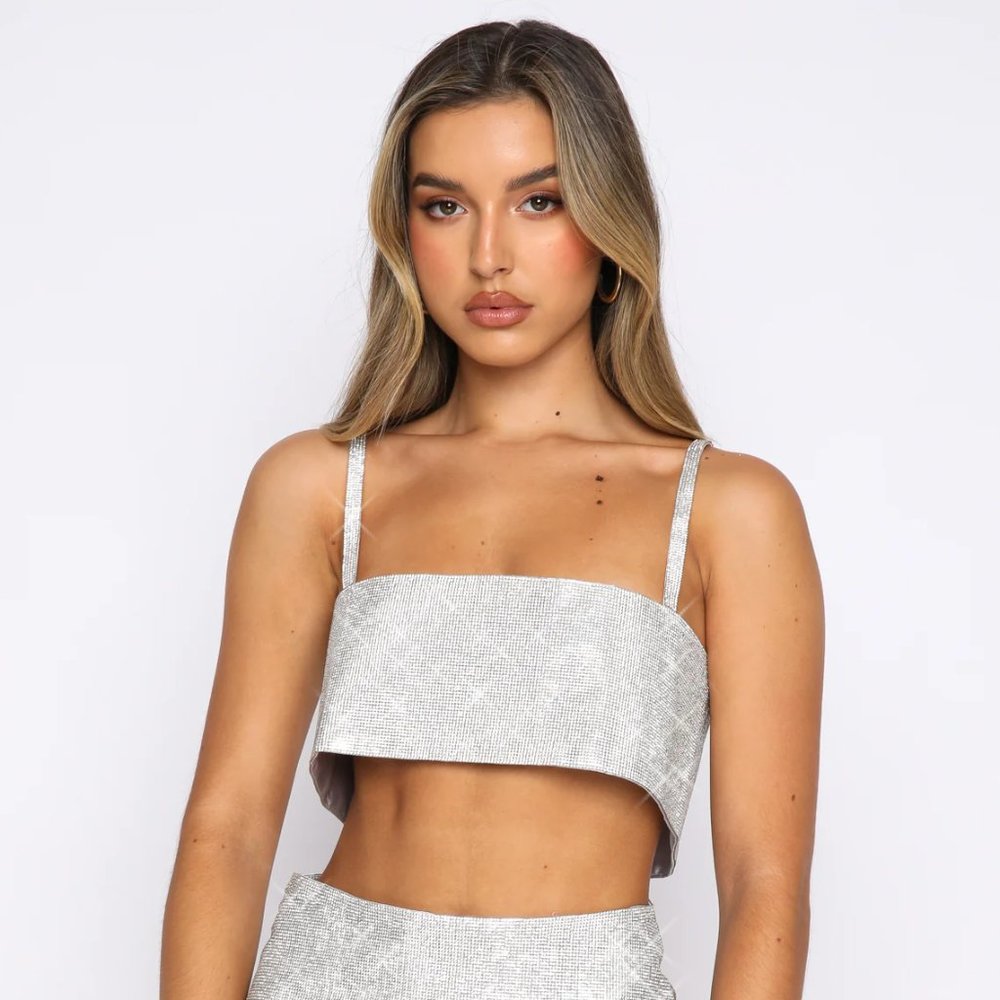 White Fox Metallic Silver Crop Top